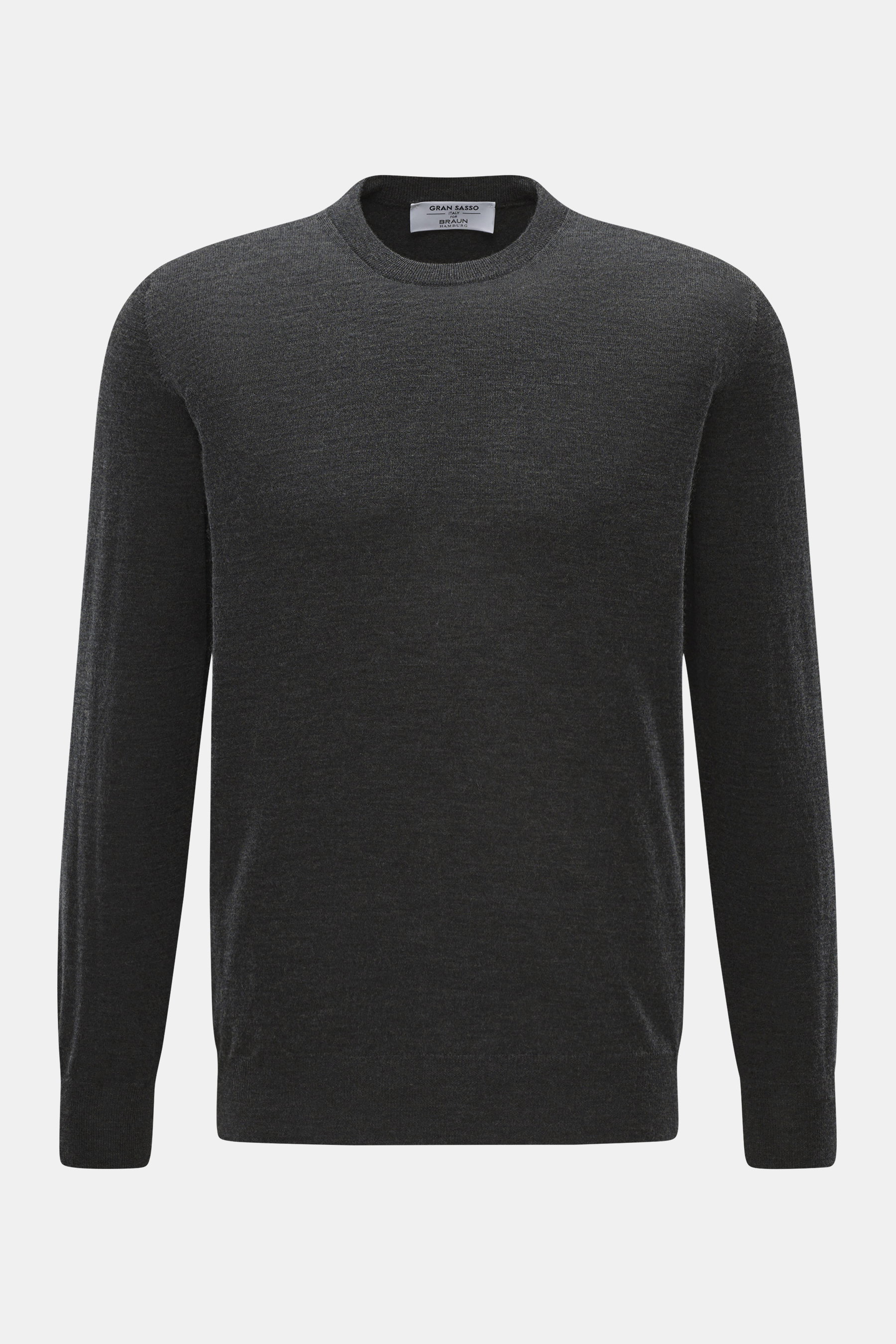 Gran Sasso Feinstrick-Rundhalspullover dunkelgrau meliert, frontal, Regular Fit, Rundhalsausschnitt, weiche Mischung aus Schurwolle, Cashmere, Seide, feines Strickbild, leichte Qualität, Rippbündchen.