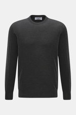 Front view of Gran Sasso Fine-knit crew neck sweater dark grey melange, mix of virgin wool, cashmere, and silk, very soft feel, lightweight quality, very fine knit pattern, regular fit, crew neckline, comfortable ribbed cuffs.