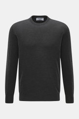 Front view of Gran Sasso Fine-knit crew neck sweater dark grey melange, mix of virgin wool, cashmere, and silk, very soft feel, lightweight quality, very fine knit pattern, regular fit, crew neckline, comfortable ribbed cuffs.