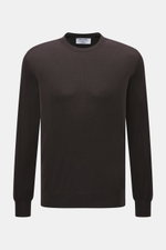 Front view of Gran Sasso Fine knit crew neck sweater dark brown made from mix of virgin wool, cashmere, and silk, featuring very soft touch, lightweight quality, very fine knit pattern, regular fit, crew neckline, and comfortable ribbed cuffs.