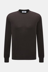 Front view of Gran Sasso Fine knit crew neck sweater dark brown made from mix of virgin wool, cashmere, and silk, featuring very soft touch, lightweight quality, very fine knit pattern, regular fit, crew neckline, and comfortable ribbed cuffs.