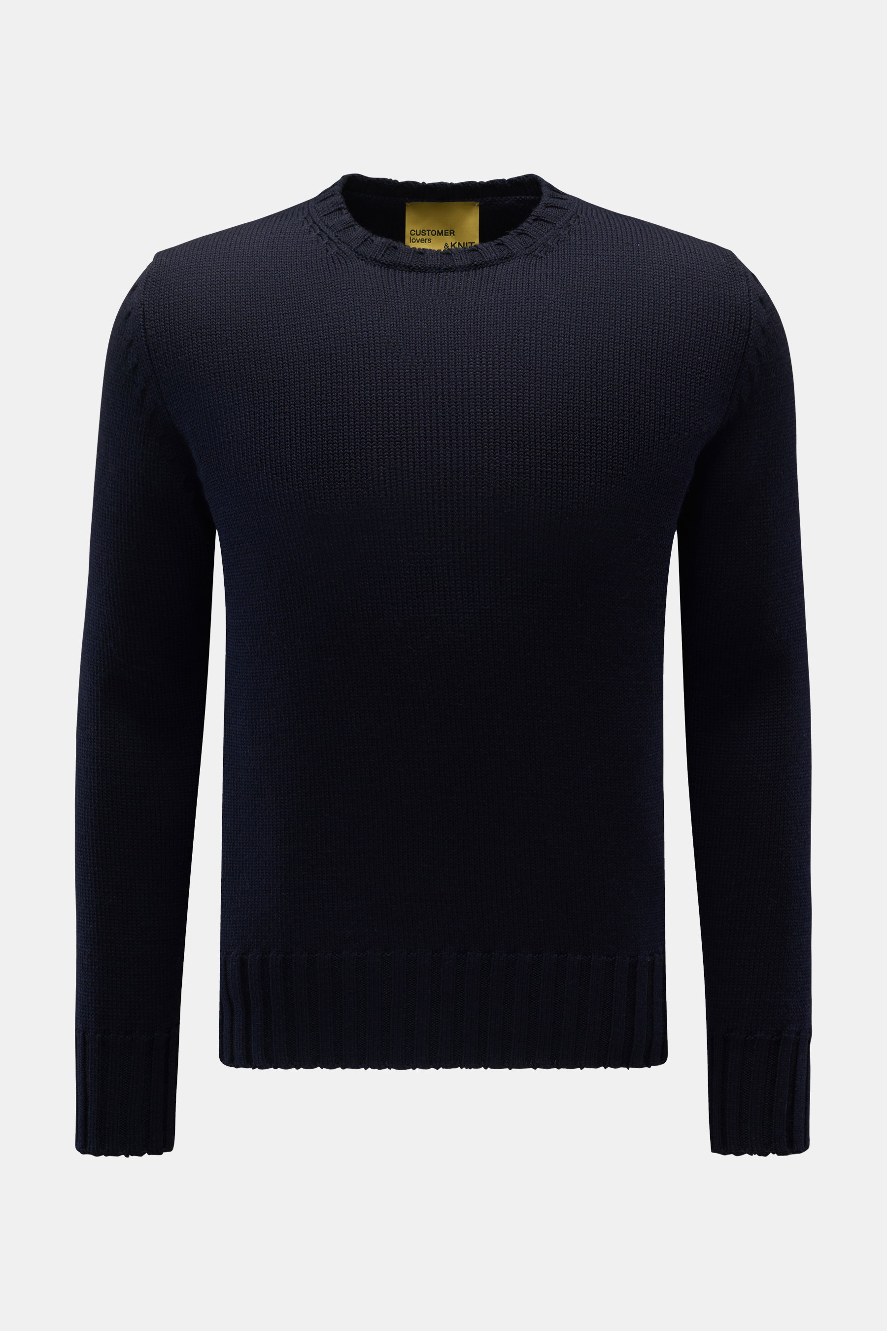 B.F. Knitwear Merino Rundhalspullover navy, frontal fotografiert, reine Merinowolle, weicher Griff, mittelgrobes Strickbild, Slim Fit, Rundhalsausschnitt, Rippstrick-Bündchen.