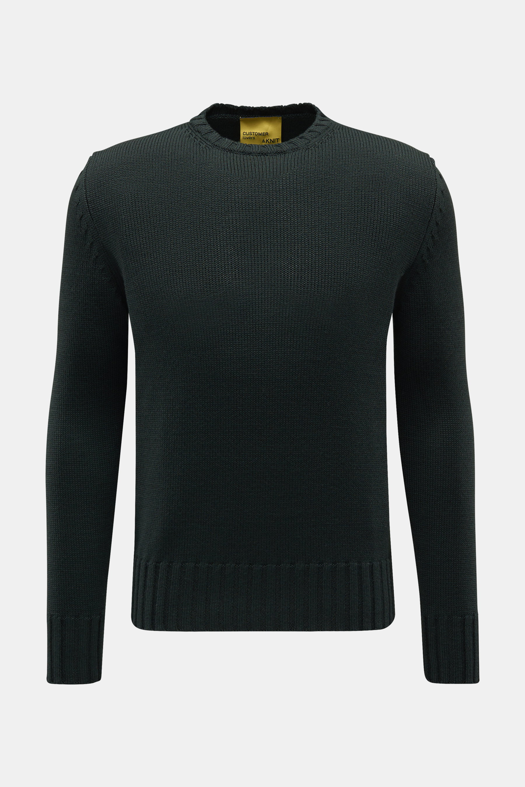 B.F. Knitwear Merino Rundhalspullover dunkelgrün, frontal fotografiert, Slim Fit, reine Merinowolle, weicher Griff, mittelgrobes Strickbild, Rundhalsausschnitt, Rippstrick-Bündchen.