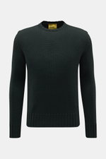 Front view of B.F. Knitwear Merino crew neck jumper dark green, featuring pure merino wool, soft feel, semi chunky knit, slim fit, crew neck, and rib knit bands.