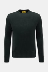 Front view of B.F. Knitwear Merino crew neck jumper dark green, featuring pure merino wool, soft feel, semi chunky knit, slim fit, crew neck, and rib knit bands.