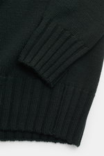Close-up top-down view of the B.F. Knitwear Merino crew neck jumper dark green, showing pure merino wool, soft feel, semi chunky knit, slim fit, crew neck, and rib knit bands.