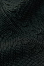 Close-up top-down view of the B.F. Knitwear Merino crew neck jumper dark green showing pure merino wool, soft feel, semi chunky knit, slim fit, crew neck, rib knit bands.