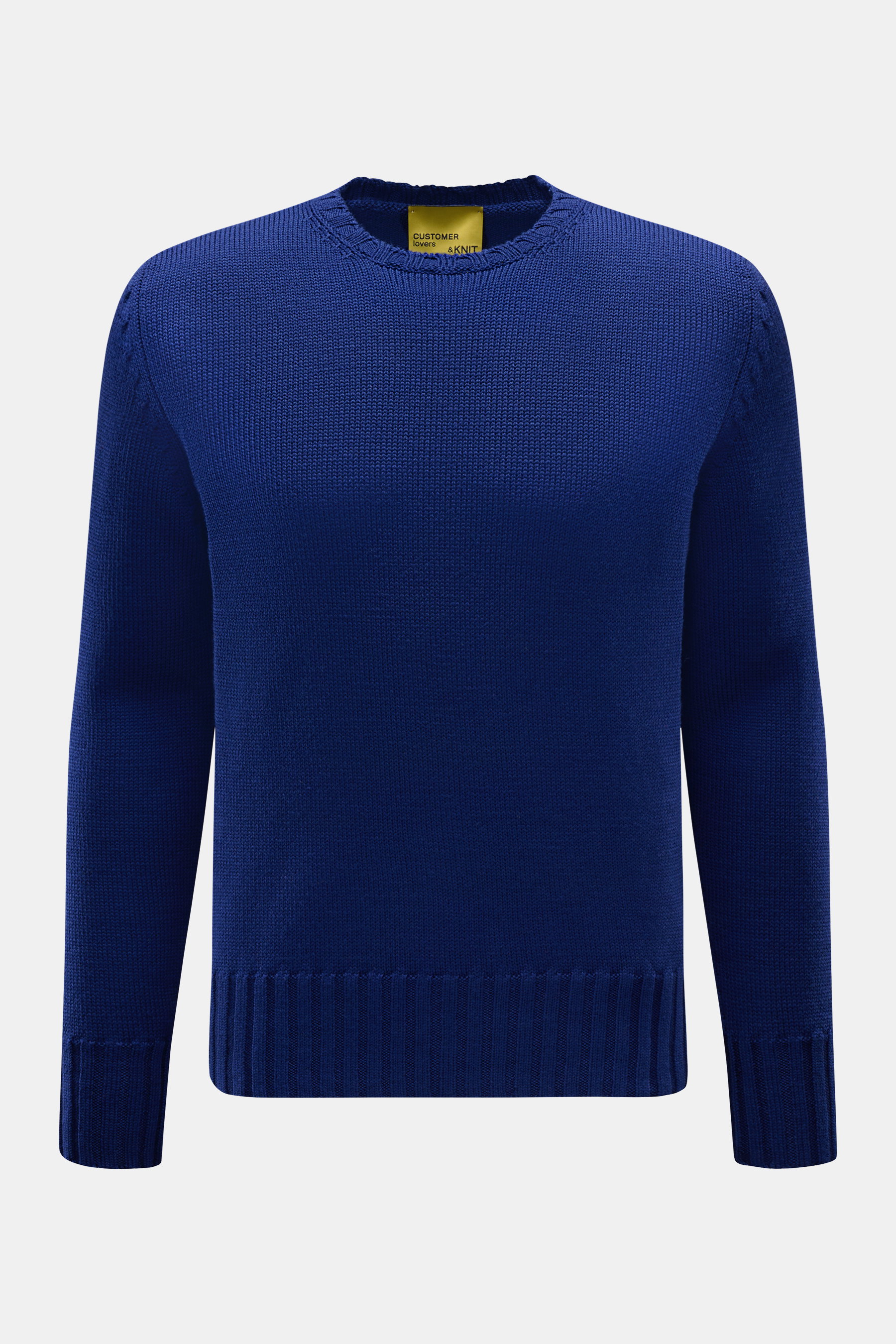 B.F. Knitwear Merino Rundhalspullover dunkelblau, frontal fotografiert, Slim Fit, reine Merinowolle, weicher Griff, mittelgrobes Strickbild, Rundhalsausschnitt, Rippstrick-Bündchen.