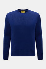 Front view of B.F. Knitwear Merino crew neck jumper dark blue, pure merino wool, soft feel, semi chunky knit, slim fit, crew neck, rib knit bands.