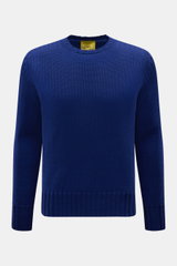 Front view of B.F. Knitwear Merino crew neck jumper dark blue, pure merino wool, soft feel, semi chunky knit, slim fit, crew neck, rib knit bands.