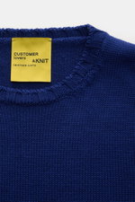 Close-up front top view of B.F. Knitwear Merino crew neck jumper dark blue, showing pure merino wool, soft feel, semi chunky knit, slim fit, crew neck, rib knit bands.