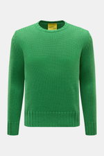 Front view of B.F. Knitwear Merino crew neck jumper green, featuring pure merino wool, soft feel, semi chunky knit, slim fit, crew neck, and rib knit bands.