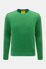 Front view of B.F. Knitwear Merino crew neck jumper green, featuring pure merino wool, soft feel, semi chunky knit, slim fit, crew neck, and rib knit bands.