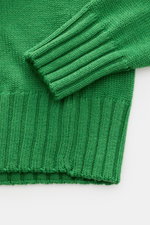 Close-up top-down view of B.F. Knitwear Merino crew neck jumper green, showing pure merino wool, soft feel, semi chunky knit, slim fit, crew neck, rib knit bands on sleeve and hem.