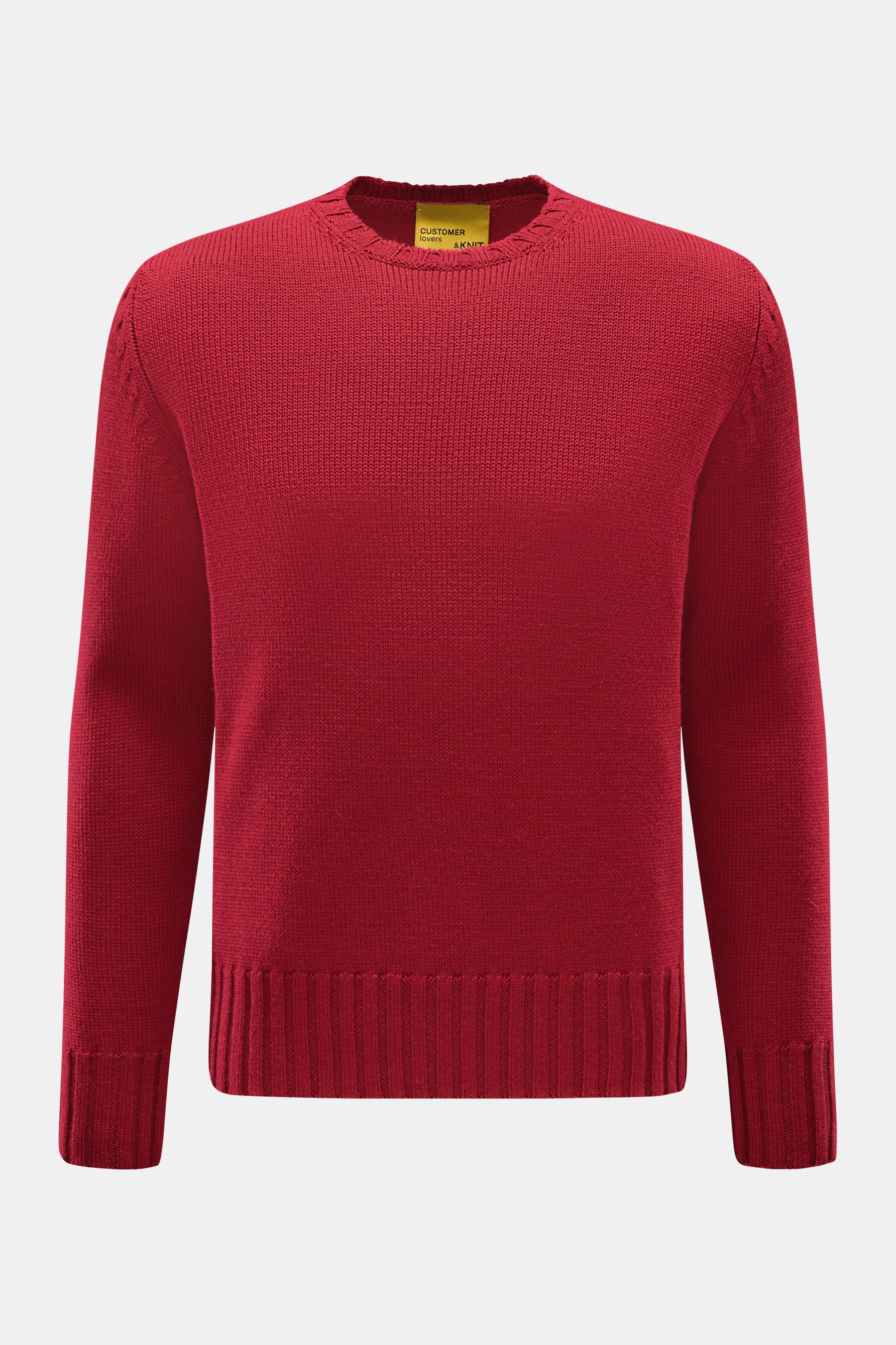 B.F. Knitwear Merino Rundhalspullover rot, frontale Nahaufnahme, reine Merinowolle, weicher Griff, mittelgrobes Strickbild, Slim Fit, Rundhalsausschnitt, Rippstrick-Bündchen.