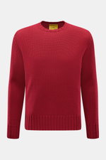 Front view of B.F. Knitwear Merino crew neck jumper red in pure merino wool, soft feel, semi chunky knit, slim fit, crew neck, rib knit bands.