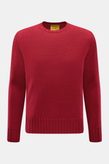 Front view of B.F. Knitwear Merino crew neck jumper red in pure merino wool, soft feel, semi chunky knit, slim fit, crew neck, rib knit bands.