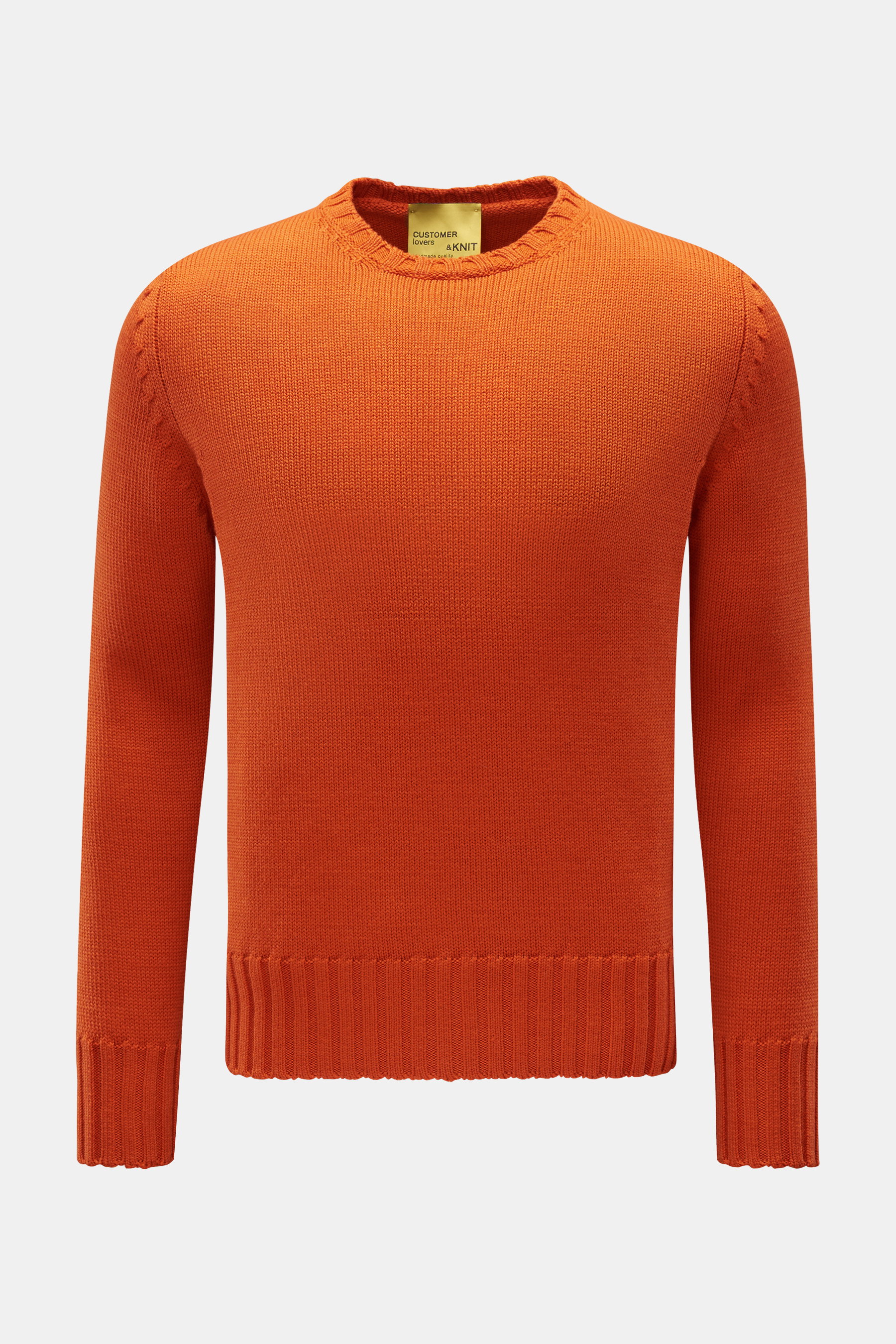 B.F. Knitwear Merino Rundhalspullover orange, frontal fotografiert, Slim Fit, reine Merinowolle, weicher Griff, mittelgrobes Strickbild, Rundhalsausschnitt, Rippstrick-Bündchen.