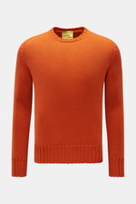Front view of B.F. Knitwear Merino crew neck jumper orange, made of pure merino wool with soft feel, semi chunky knit, slim fit, crew neck, rib knit bands.