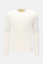 B.F. Knitwear Merino crew neck jumper off-white shown from front, featuring pure merino wool, soft feel, semi chunky knit, slim fit, crew neck, rib knit bands.