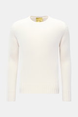 B.F. Knitwear Merino crew neck jumper off-white shown from front, featuring pure merino wool, soft feel, semi chunky knit, slim fit, crew neck, rib knit bands.