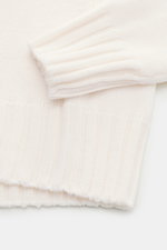 Close-up top-down view of B.F. Knitwear Merino crew neck jumper off-white showing rib knit bands, slim fit, semi chunky knit, soft feel, pure merino wool.