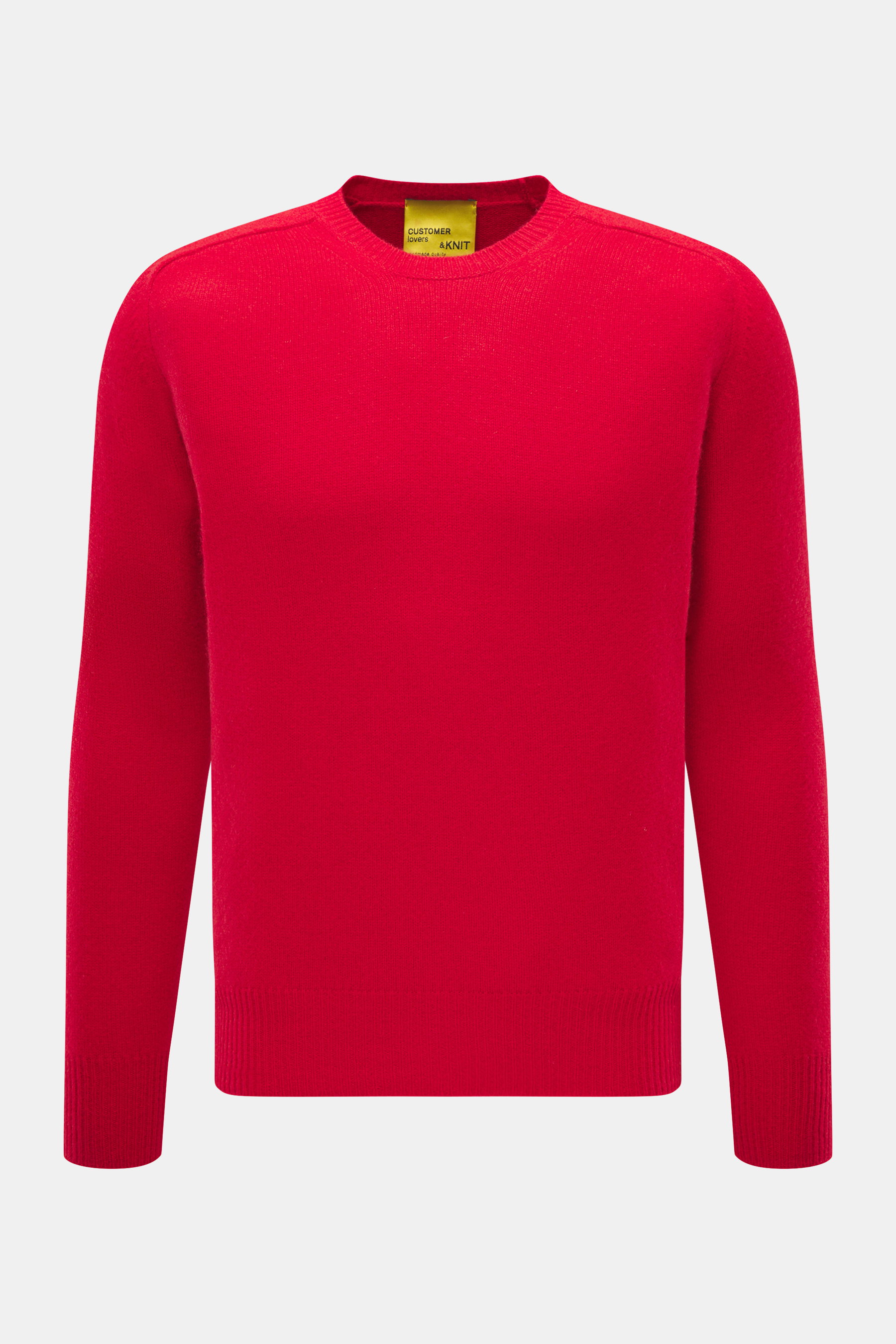 B.F. Knitwear Cashmere crew neck sweater red shown from the front, autumnal pure cashmere, soft touch, medium-fine knit, slim fit, crew neckline, elastic ribbed cuffs, durable, made in Italy.