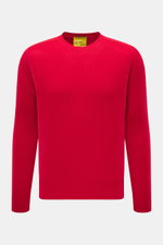 B.F. Knitwear Cashmere crew neck sweater red shown from the front, autumnal pure cashmere, soft touch, medium-fine knit, slim fit, crew neckline, elastic ribbed cuffs, durable, made in Italy.