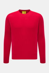 B.F. Knitwear Cashmere crew neck sweater red shown from the front, autumnal pure cashmere, soft touch, medium-fine knit, slim fit, crew neckline, elastic ribbed cuffs, durable, made in Italy.