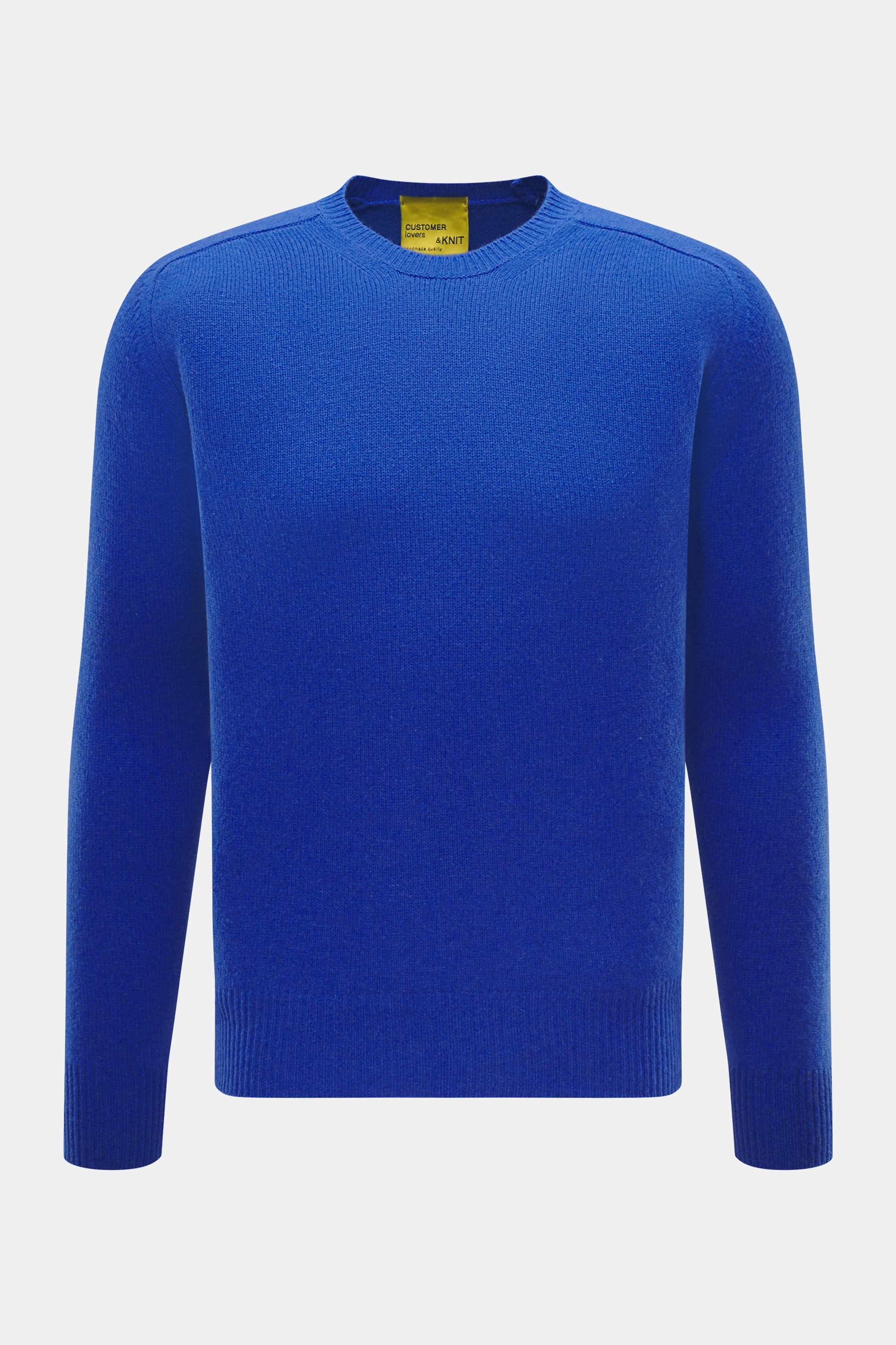 B.F. Knitwear Cashmere crew neck sweater blue shown from front, slim fit with medium-fine knit, elastic ribbed cuffs, pure cashmere, soft touch, crew neckline. Autumnal cashmere from the knitting expert B.F. KNITWEAR: This softly knitted crew neck sweater