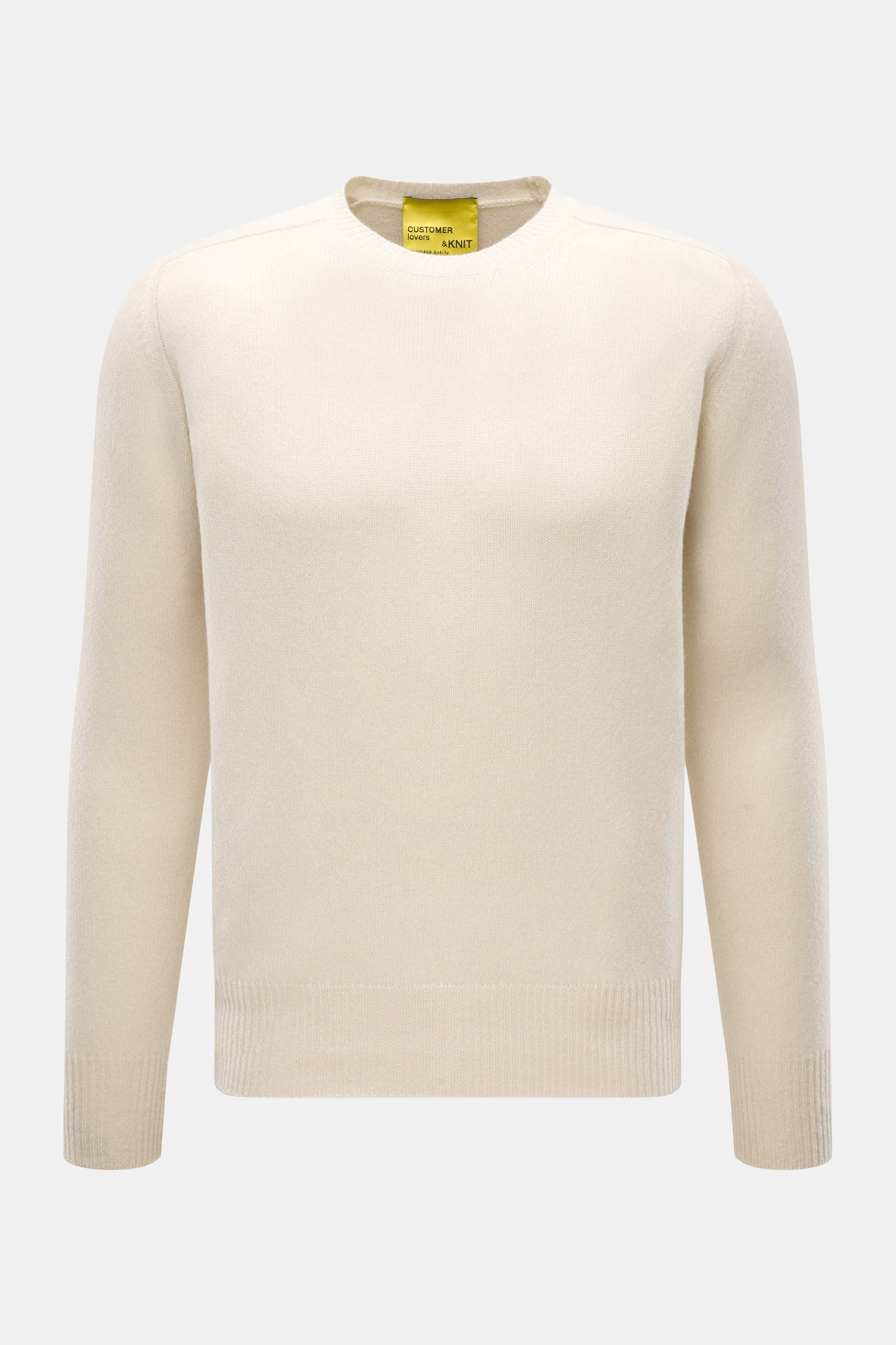 B.F. Knitwear Cashmere crew neck sweater cream shown from front, medium-fine knit, slim fit, elastic ribbed cuffs, pure cashmere, soft touch, made in Italy.