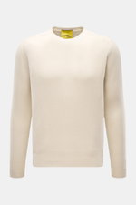 B.F. Knitwear Cashmere crew neck sweater cream shown from front, medium-fine knit, slim fit, elastic ribbed cuffs, pure cashmere, soft touch, made in Italy.