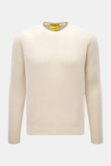 B.F. Knitwear Cashmere crew neck sweater cream shown from front, medium-fine knit, slim fit, elastic ribbed cuffs, pure cashmere, soft touch, made in Italy.