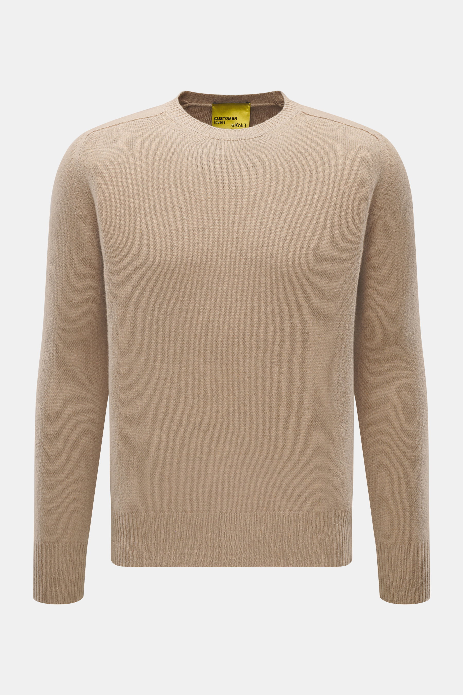 Front view of B.F. Knitwear Cashmere crew neck beige sweater, pure cashmere, soft touch, medium-fine knit, slim fit, ribbed cuffs.