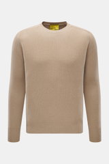Front view of B.F. Knitwear Cashmere crew neck beige sweater, pure cashmere, soft touch, medium-fine knit, slim fit, ribbed cuffs.