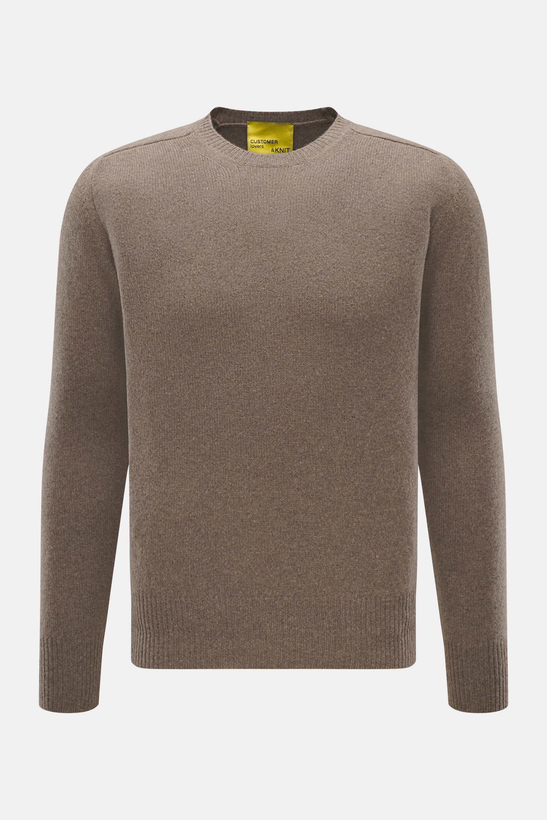 B.F. Knitwear Cashmere crew neck sweater taupe melange shown from front, slim fit with elastic ribbed cuffs, medium-fine knit, soft pure cashmere touch. Autumnal cashmere from B.F. KNITWEAR, durable, made in Italy, perfect for autumn wardrobe.