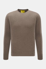 B.F. Knitwear Cashmere crew neck sweater taupe melange shown from front, slim fit with elastic ribbed cuffs, medium-fine knit, soft pure cashmere touch. Autumnal cashmere from B.F. KNITWEAR, durable, made in Italy, perfect for autumn wardrobe.