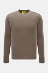 B.F. Knitwear Cashmere crew neck sweater taupe melange shown from front, slim fit with elastic ribbed cuffs, medium-fine knit, soft pure cashmere touch. Autumnal cashmere from B.F. KNITWEAR, durable, made in Italy, perfect for autumn wardrobe.