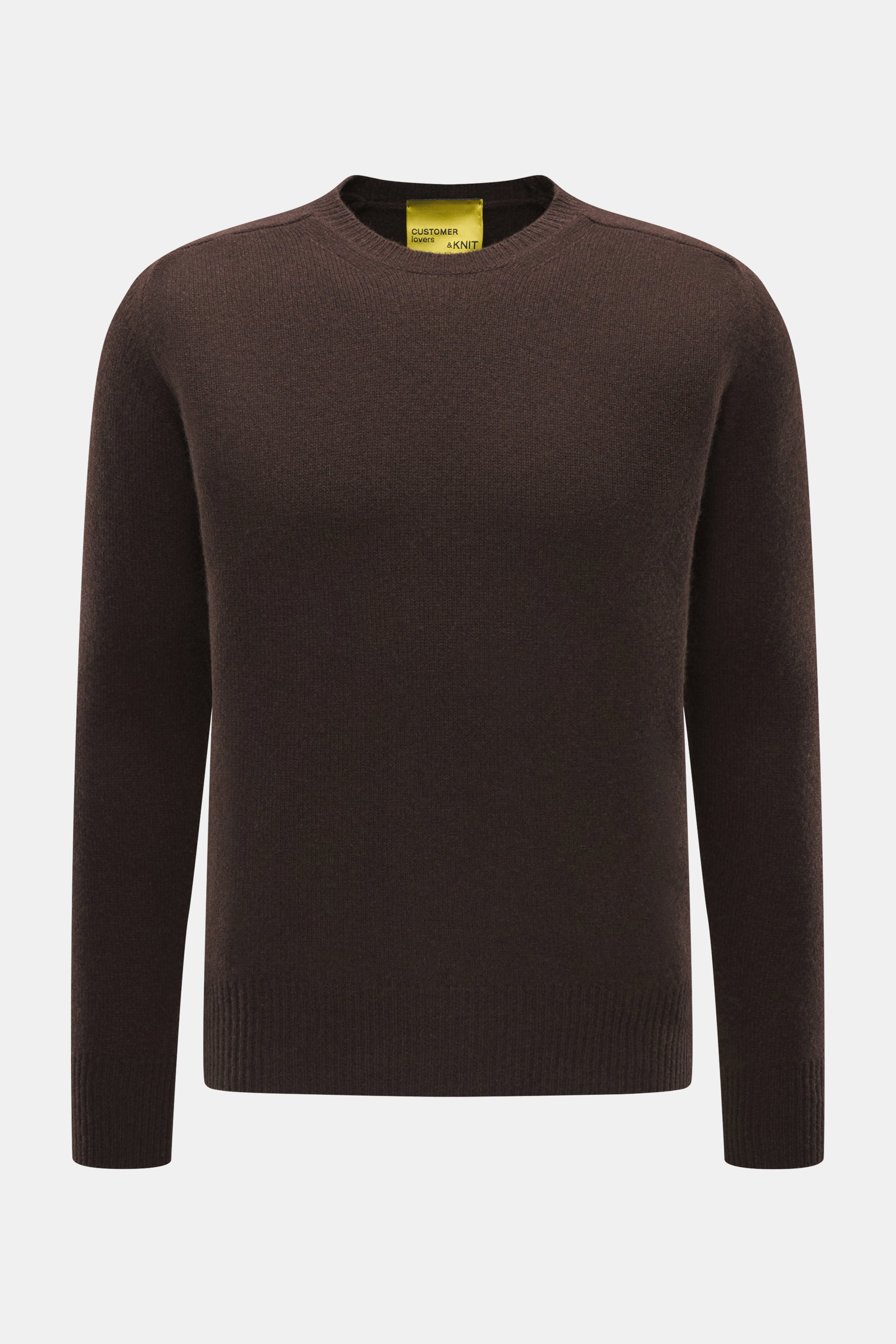 B.F. Knitwear Cashmere crew neck sweater dark brown shown from the front, pure cashmere, soft touch, medium-fine knit, slim fit, elastic ribbed cuffs.