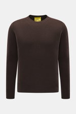 B.F. Knitwear Cashmere crew neck sweater dark brown shown from the front, pure cashmere, soft touch, medium-fine knit, slim fit, elastic ribbed cuffs.