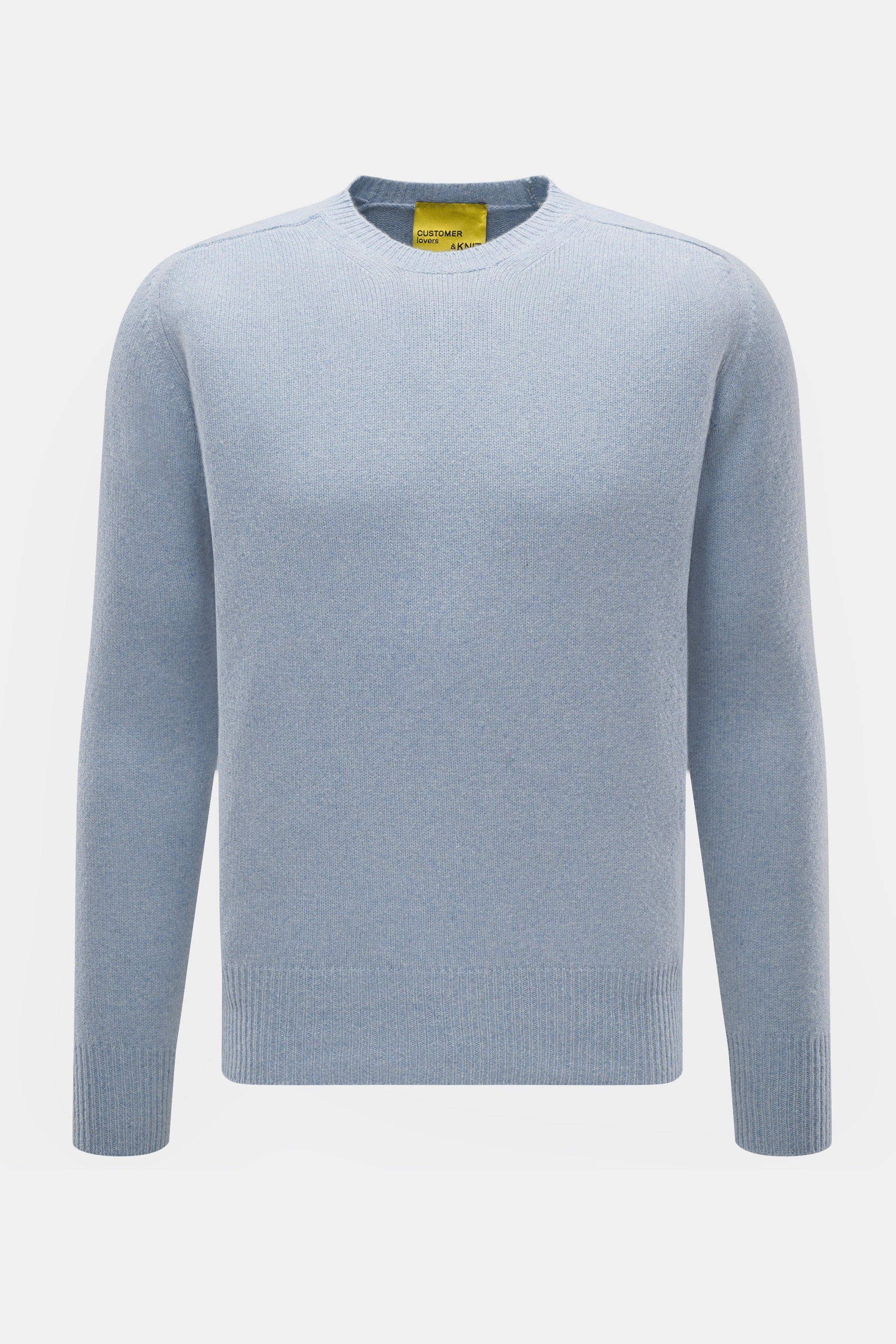 Front view of B.F. Knitwear Cashmere crew neck sweater light blue melange, pure cashmere, soft touch, medium-fine knit, slim fit, crew neckline, elastic ribbed cuffs, made in Italy.