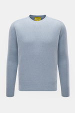 Front view of B.F. Knitwear Cashmere crew neck sweater light blue melange, pure cashmere, soft touch, medium-fine knit, slim fit, crew neckline, elastic ribbed cuffs, made in Italy.