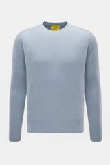 Front view of B.F. Knitwear Cashmere crew neck sweater light blue melange, pure cashmere, soft touch, medium-fine knit, slim fit, crew neckline, elastic ribbed cuffs, made in Italy.