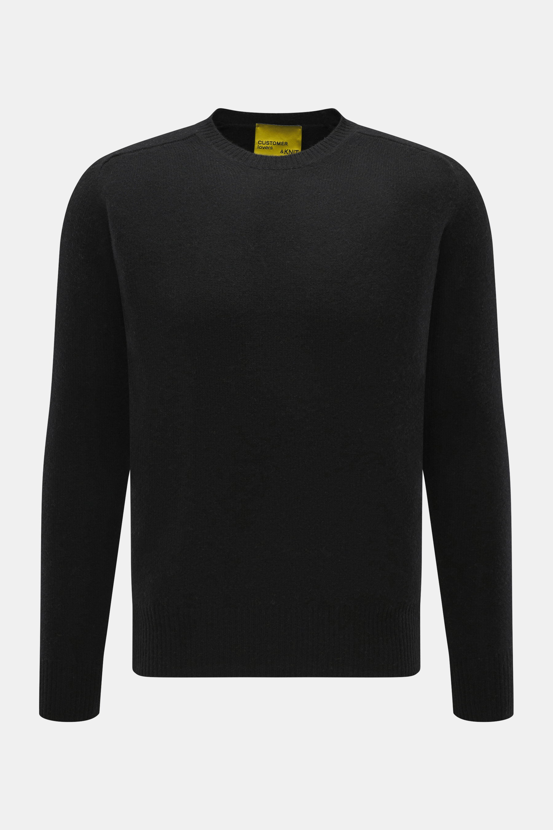 Front view of B.F. Knitwear Cashmere crew neck sweater black, softly knitted pure cashmere with medium-fine knit, slim fit, elastic ribbed cuffs, and crew neckline, perfect for autumn, made in Italy.