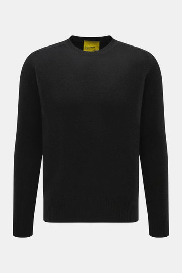 B.F. Knitwear Cashmere Rundhalspullover schwarz, frontale Nahaufnahme, weicher, mittelfeiner Strick, Slim Fit, Rundhalsausschnitt, elastische Bündchen, reiner Cashmere.