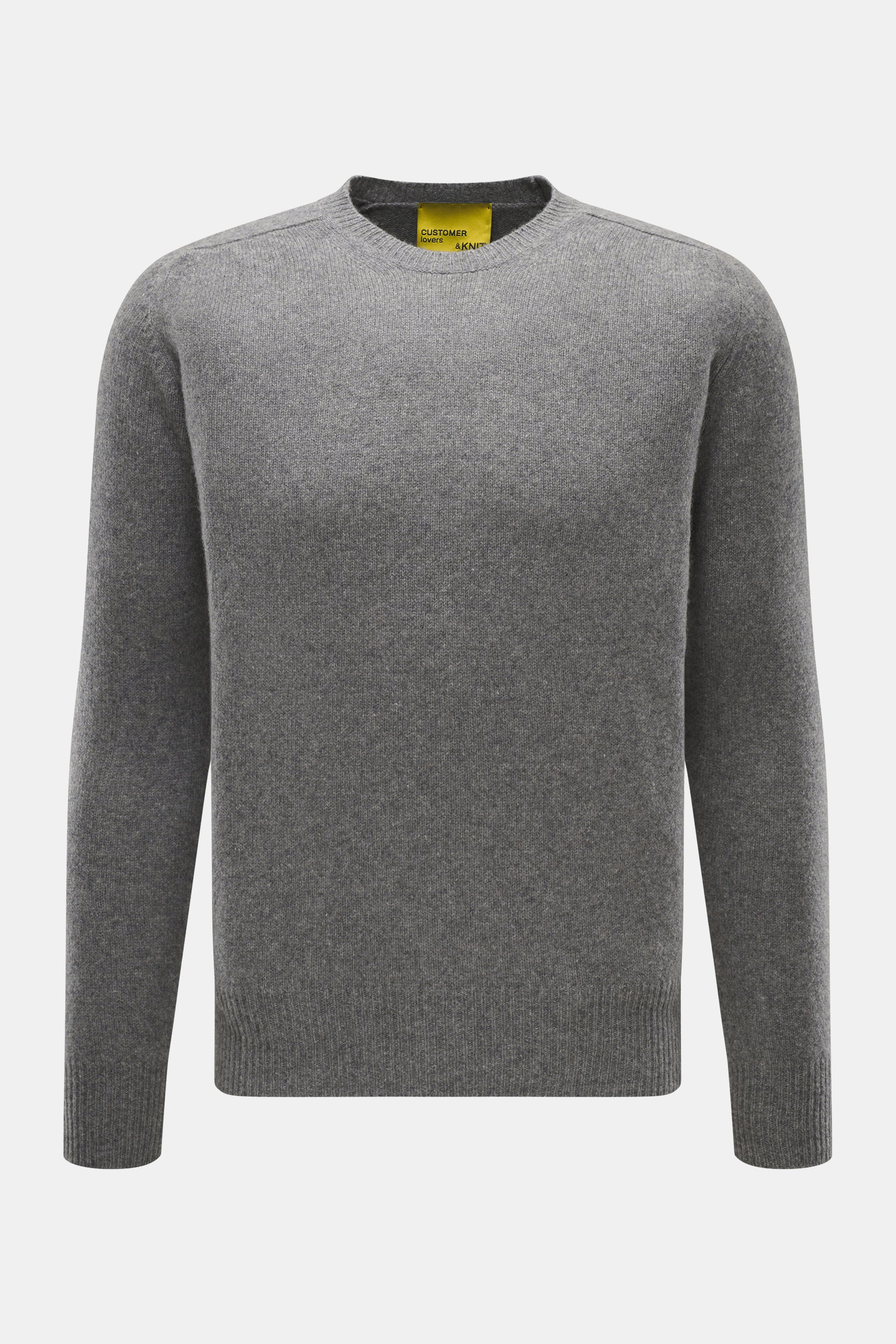 B.F. Knitwear Cashmere crew neck sweater grey melange shown from front, pure cashmere, soft touch, medium-fine knit, slim fit, crew neckline, elastic ribbed cuffs.