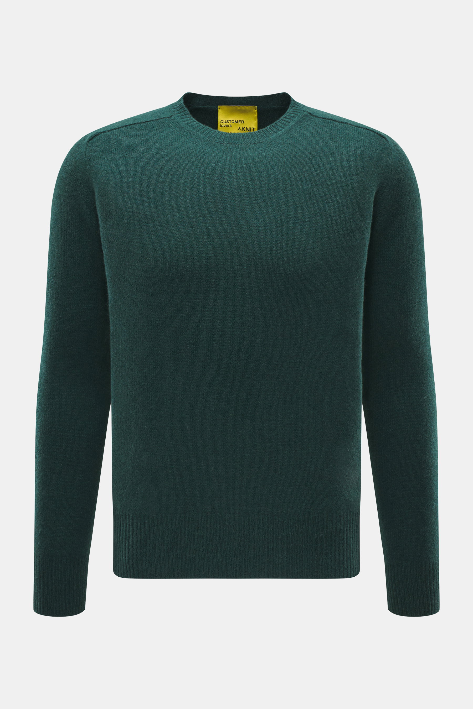 Front view of B.F. Knitwear Cashmere crew neck sweater dark green, pure cashmere, soft touch, medium-fine knit, slim fit, elastic cuffs.