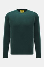 Front view of B.F. Knitwear Cashmere crew neck sweater dark green, pure cashmere, soft touch, medium-fine knit, slim fit, elastic cuffs.