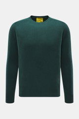 Front view of B.F. Knitwear Cashmere crew neck sweater dark green, pure cashmere, soft touch, medium-fine knit, slim fit, elastic cuffs.