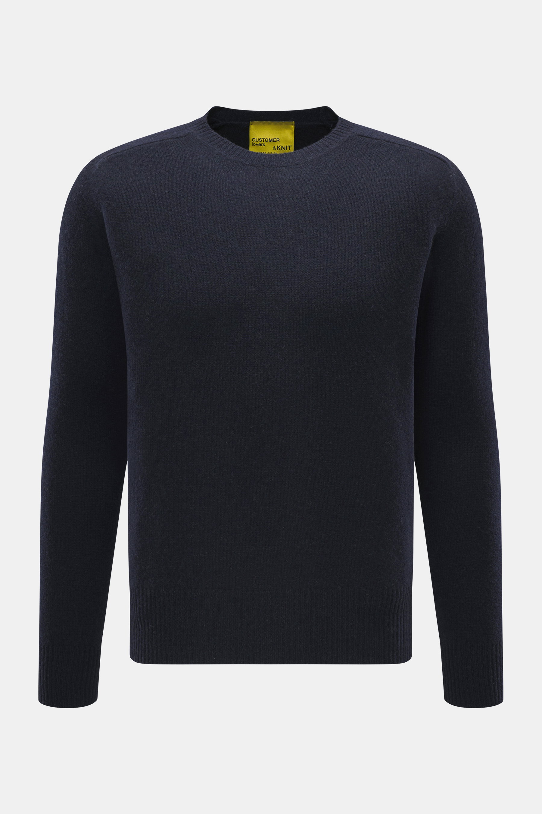 Front view of B.F. Knitwear Cashmere crew neck sweater navy, pure cashmere, soft touch, medium-fine knit, slim fit, elastic ribbed cuffs, crew neckline. Autumnal cashmere from the knitting expert B.F. KNITWEAR: This softly knitted crew neck sweater is the